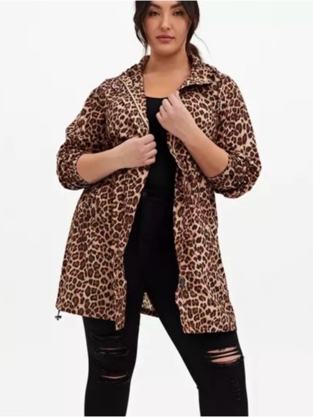 Torrid women’s nylon, long line rain jacket, leopard print